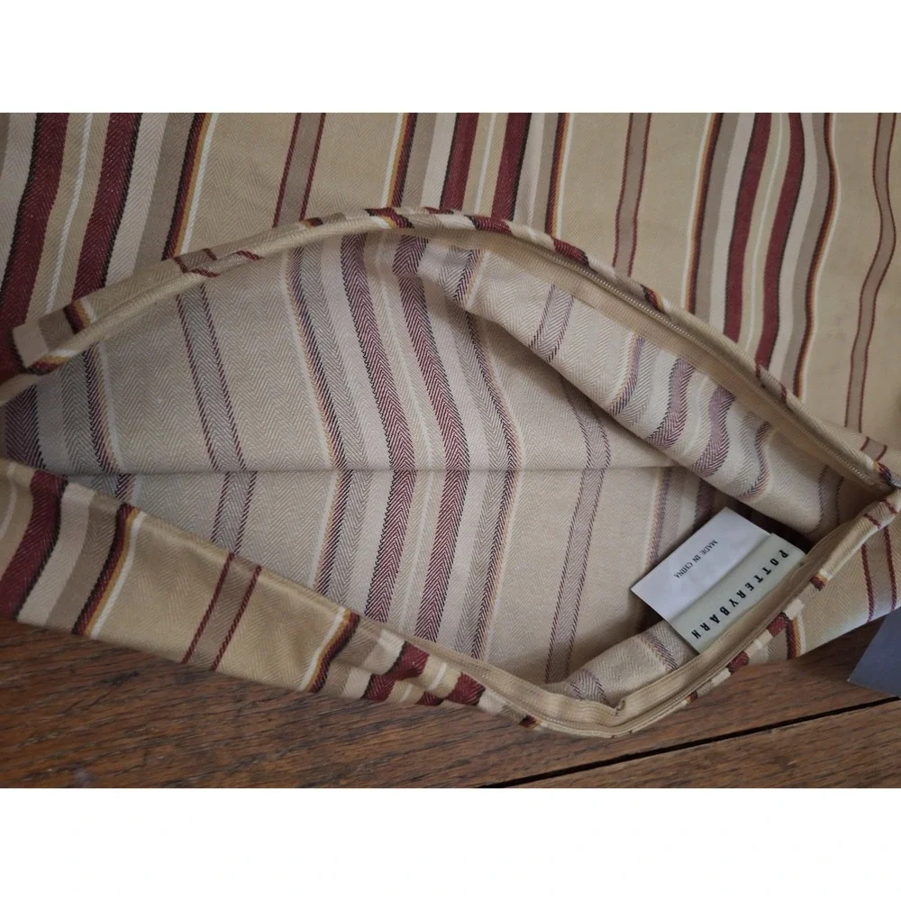 Pottery Barn Classic Stripe Pillow Cover 18x18 Tan Burgundy Gold Cotton NWT